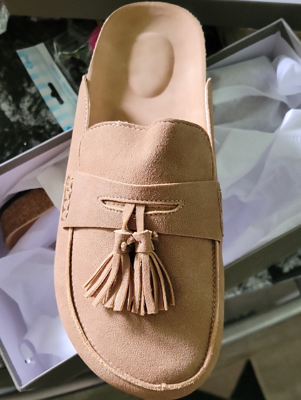Faux Suede-Tassel Backless Loafer Mule - Tan